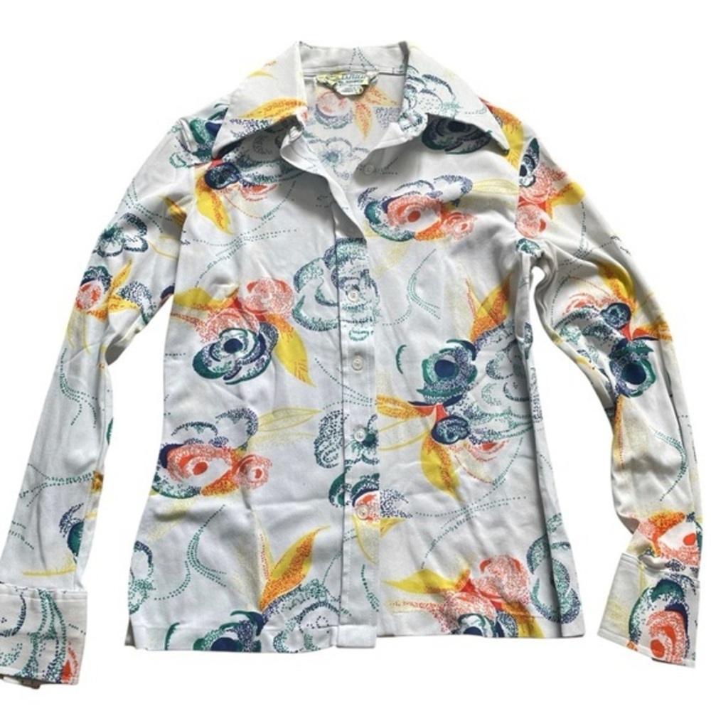 Vintage 70s Funky Dagger Collar Button Up Shirt Abstract Pointillism Floral Blue